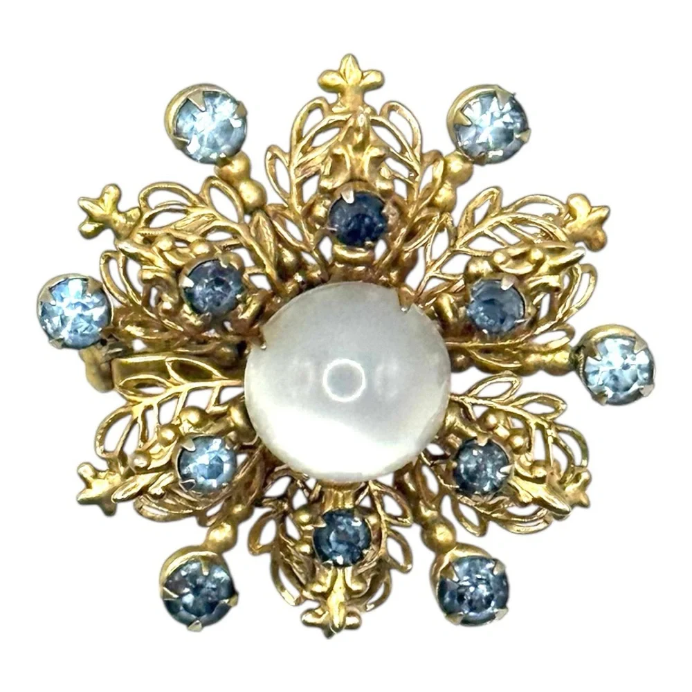 Gold Tone Filigree and Blue Crystals and faux pearl Brooch